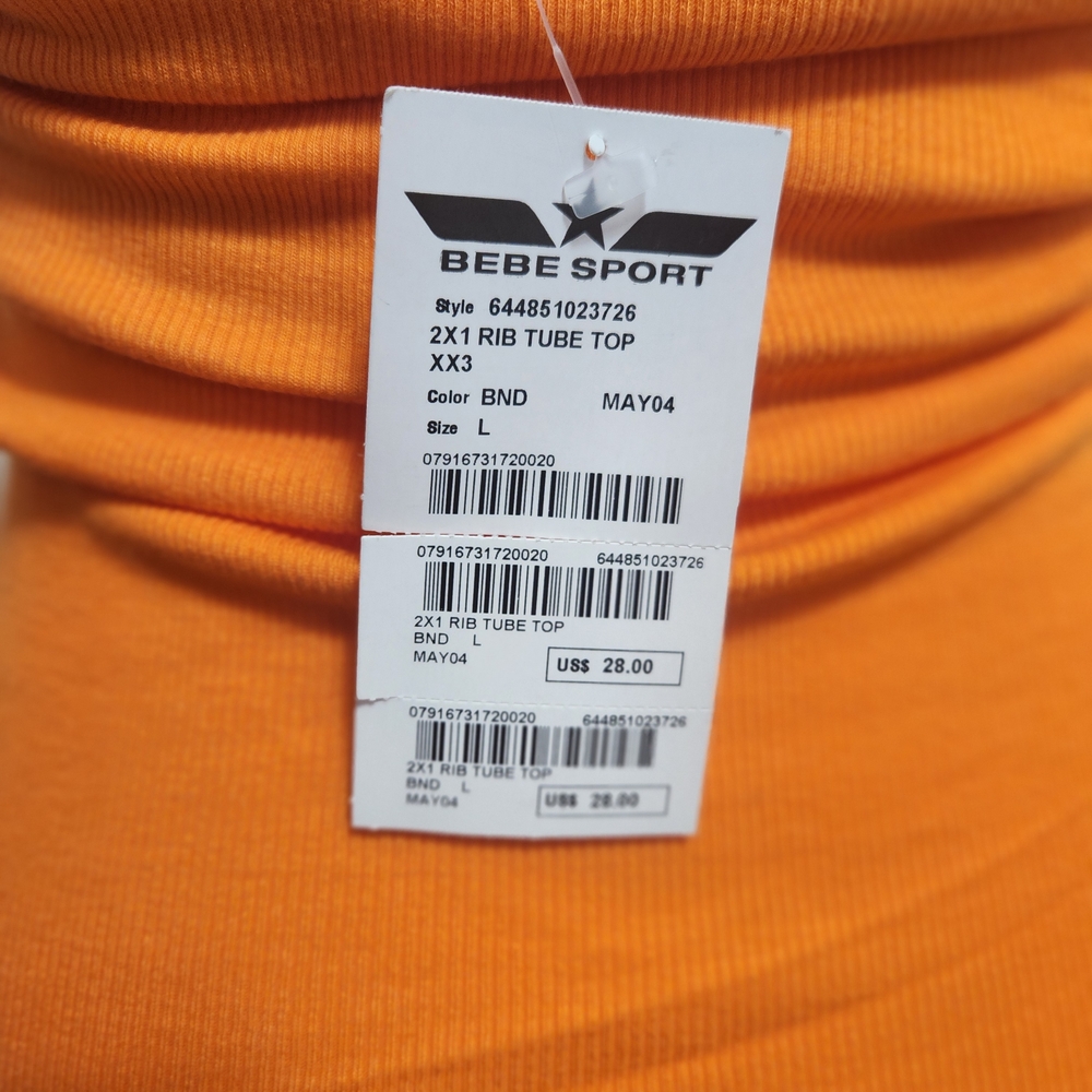💐Vtg Y2K Bebe Sport Tube Top L Orange Ribbed Rhinestone Bling USA Deadstock - Picture 12 of 14